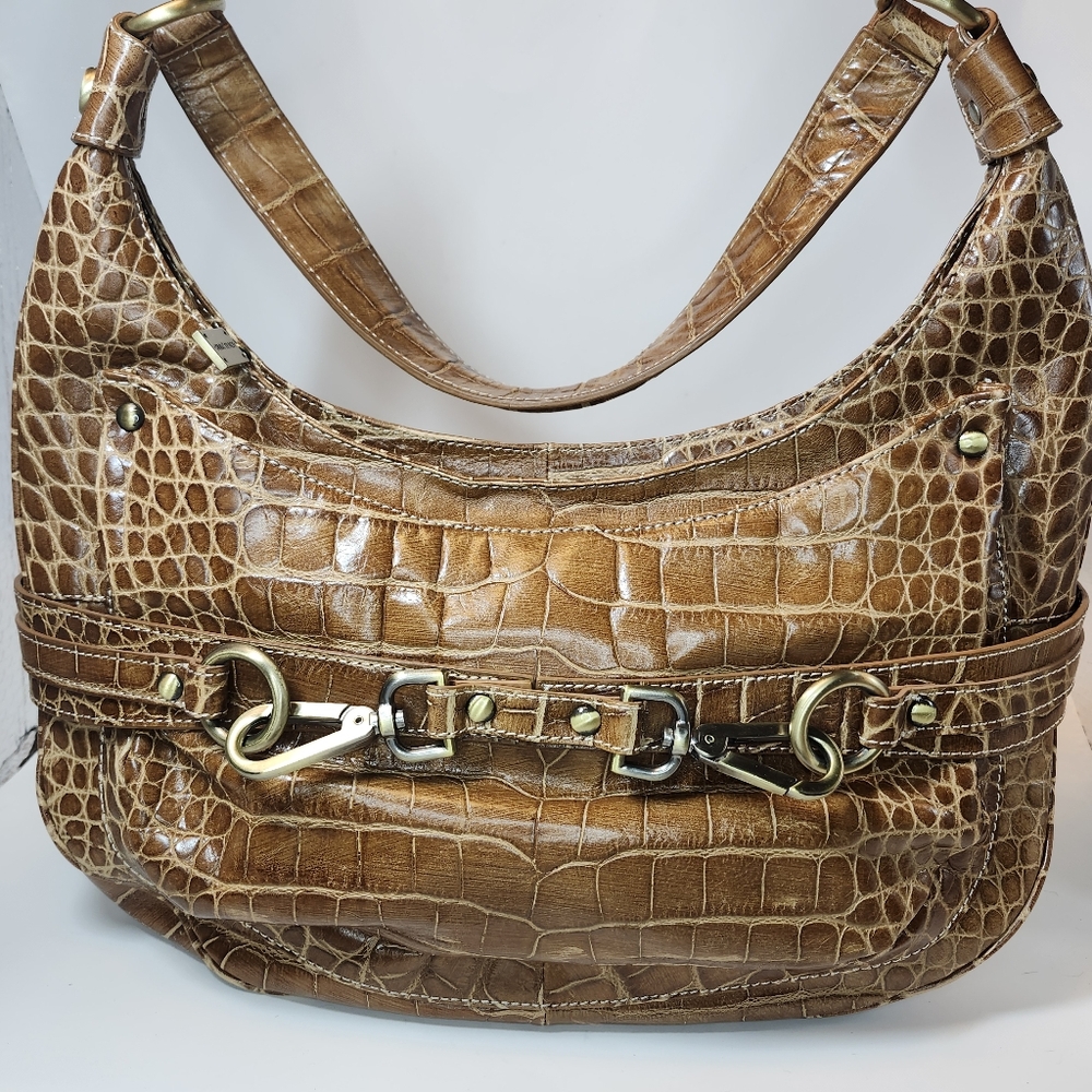 DONALD J PLINER  BROWN EMBARRASSED LEATHER CALF BELT HOOK LATCH PURSE